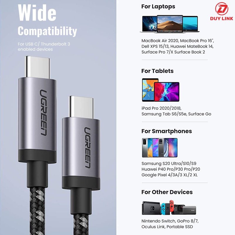 Cáp USB type C hỗ trợ sạc nhanh 2M 60W màu đen PD bọc nilon chắc chắn Ugreen US161 50450