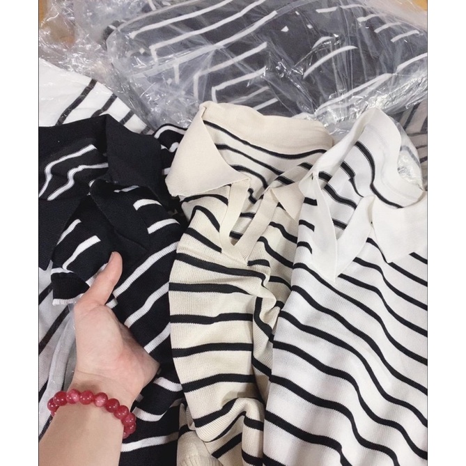 Áo len mongtogi cổ V bẻ kẻ ngang