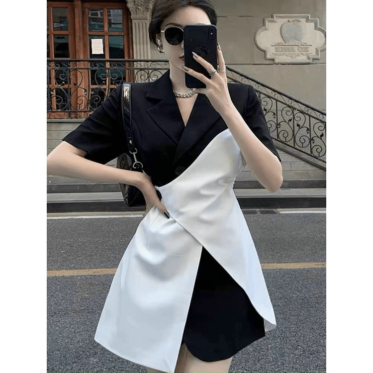 Đầm Nữ Cổ Vest Công Sở Phối Màu Trắng Đen Chất For Tôn Dáng Mặc Đẹp Dáng Xinh NEW UNISEX