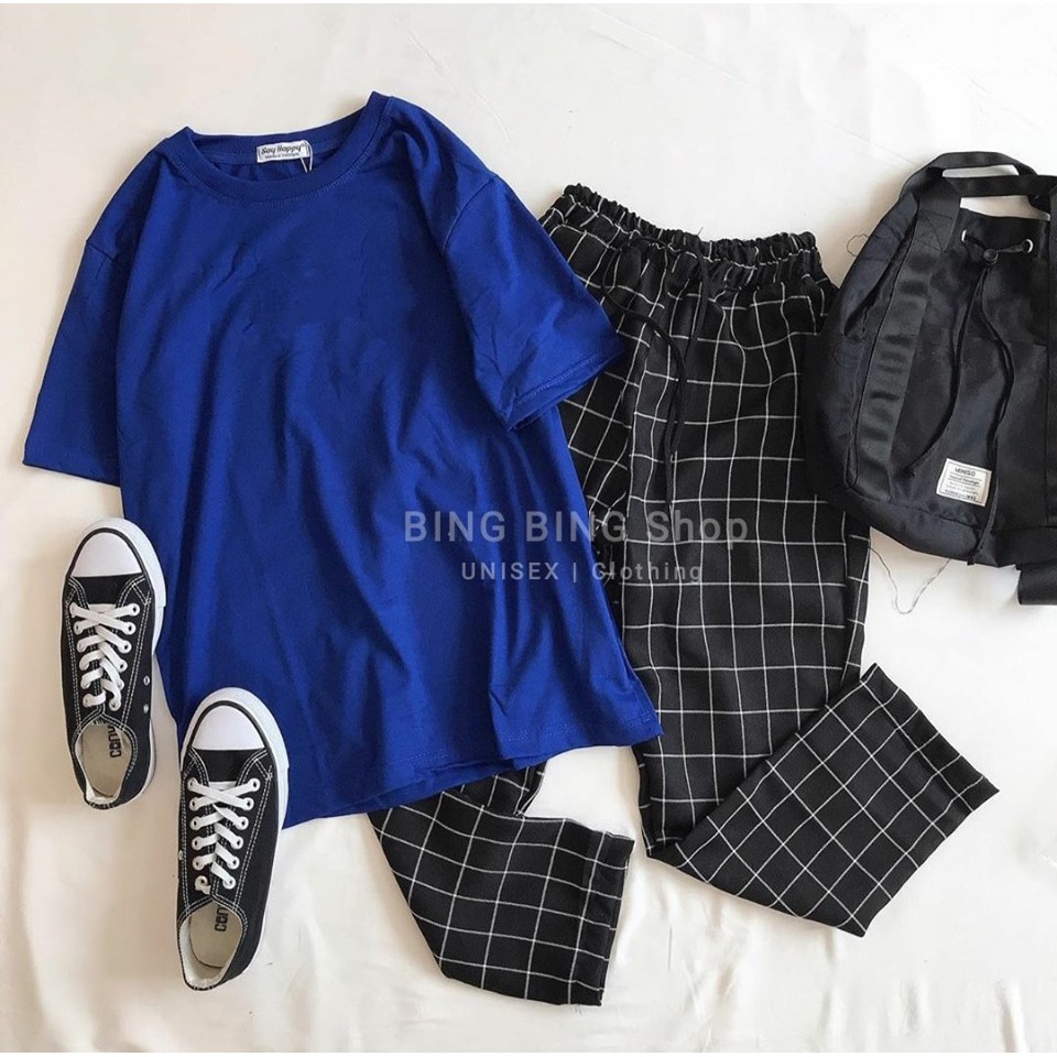 Quần Caro + Áo Thun Trơn Tay Lỡ Unisex