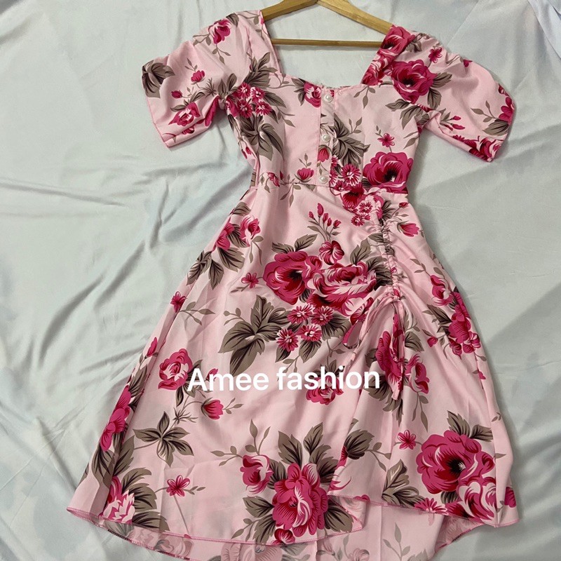 Váy đầm nữ dáng xòe họa tiết rút dây hồng HT04