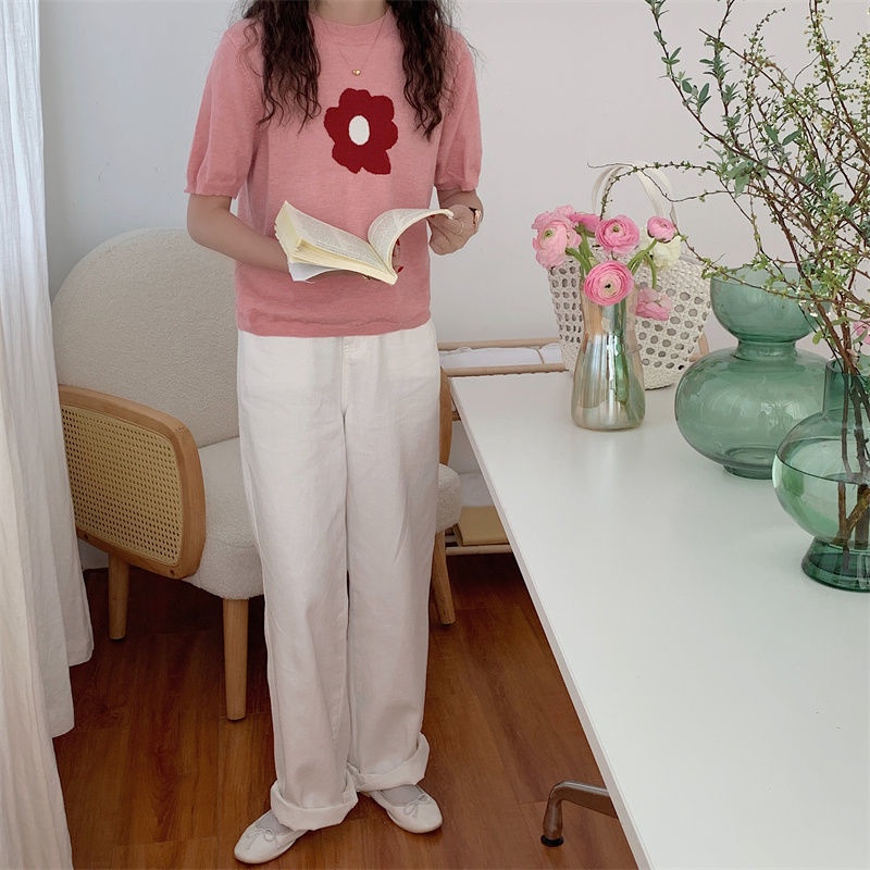 Áo Sweater Dệt Kim Tay Ngắn Cổ Tròn In Hoa Hồng Dễ Thương Kiểu Hàn Quốc