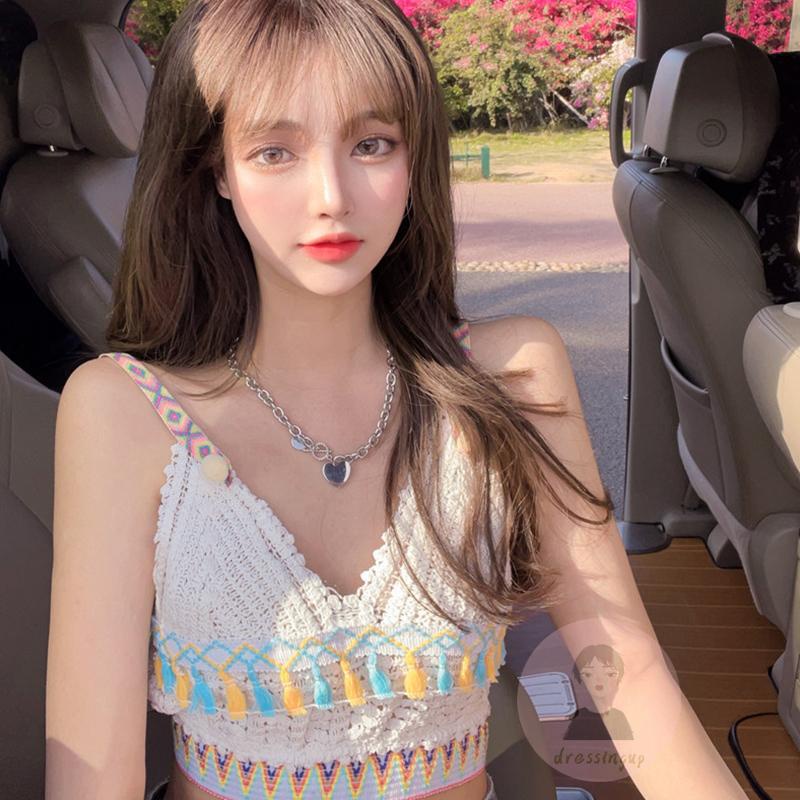 Áo Tank Top Dệt Kim Không Tay Cổ Chữ V Khoét Sâu Phối Tua Rua Phong Cách Bohemian Cho Nữ