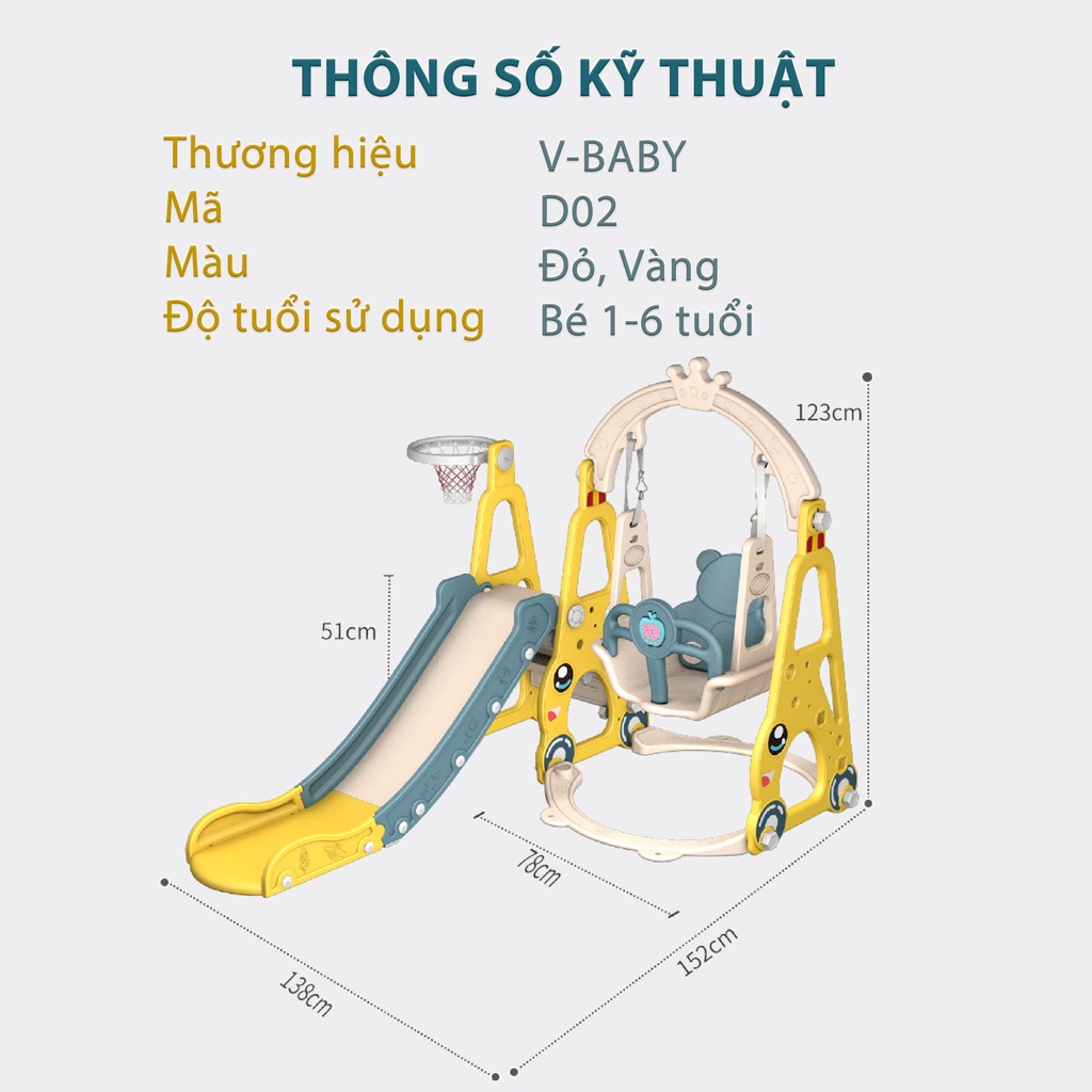 Cầu Trượt Xích Đu Cho Bé Cao Cấp V-Baby D02 Tặng Kèm Bóng Rổ Phù Hợp Trẻ Em 2 - 8 Tuổi