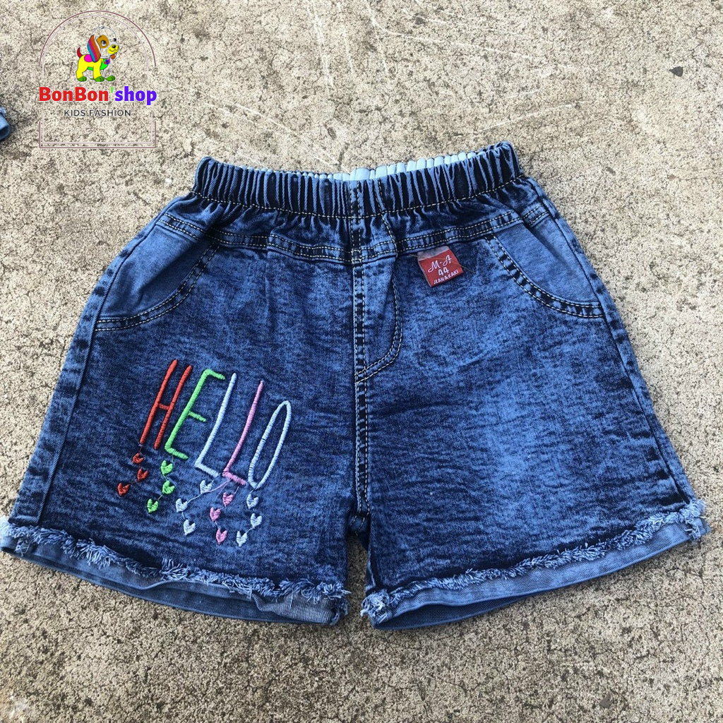 Quần đùi jean bé gái size đại từ 10 kg đến 40kg vải mền cho giãn thoải mái, BONSHOP-QJ03