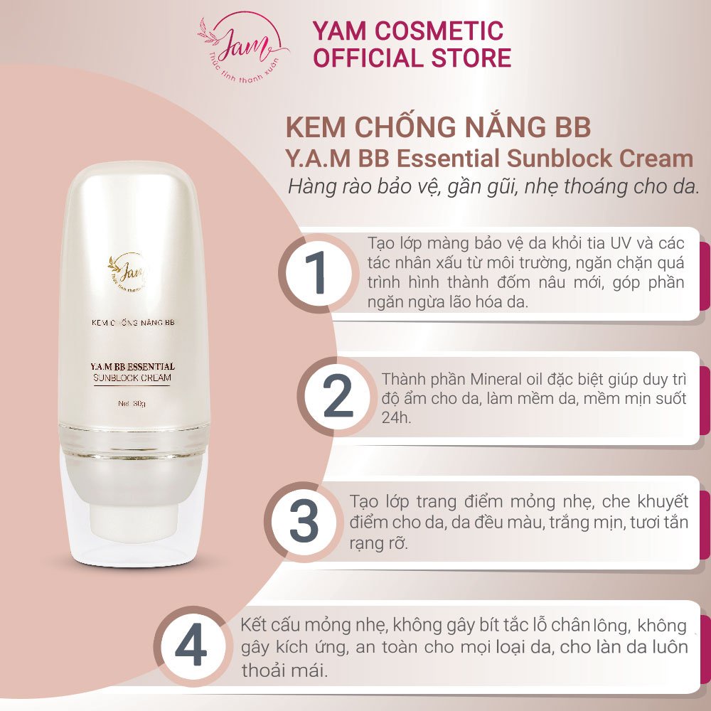 Kem Chống Nắng BB Vật Lý Yam Cosmetic Kiểm Soát Dầu Nhờn Nâng Tone Và Bảo Vệ Da Trước Tia UVB UVA SPF 50, PA++ 30g