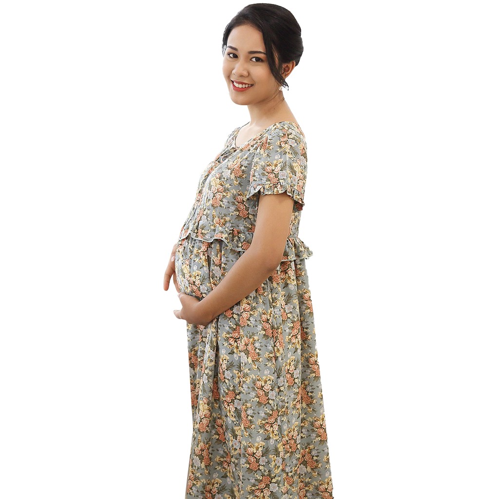 MAYBI - Đầm bầu hoa nhún tà thắt nơ cổ Bondi Flower dress