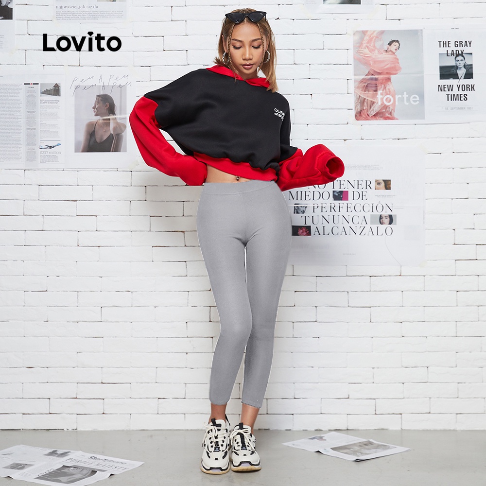 Quần ôm Lovito L08062 họa tiết in chữ cái co giãn cao phong cách cơ bản thường ngày (màu đen / xám nhạt)
 | BigBuy360 - bigbuy360.vn