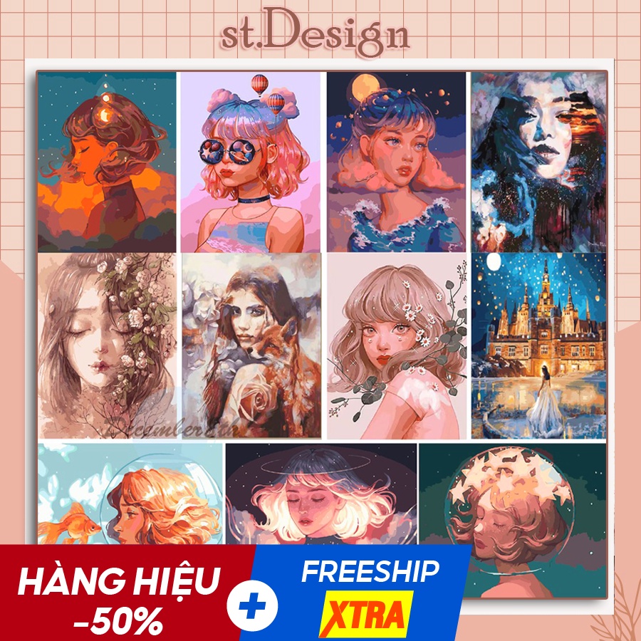 Tranh đính đá tự làm st.Design 5D hình cô gái mông mơ 30x40cm đầy đủ dụng cụ
