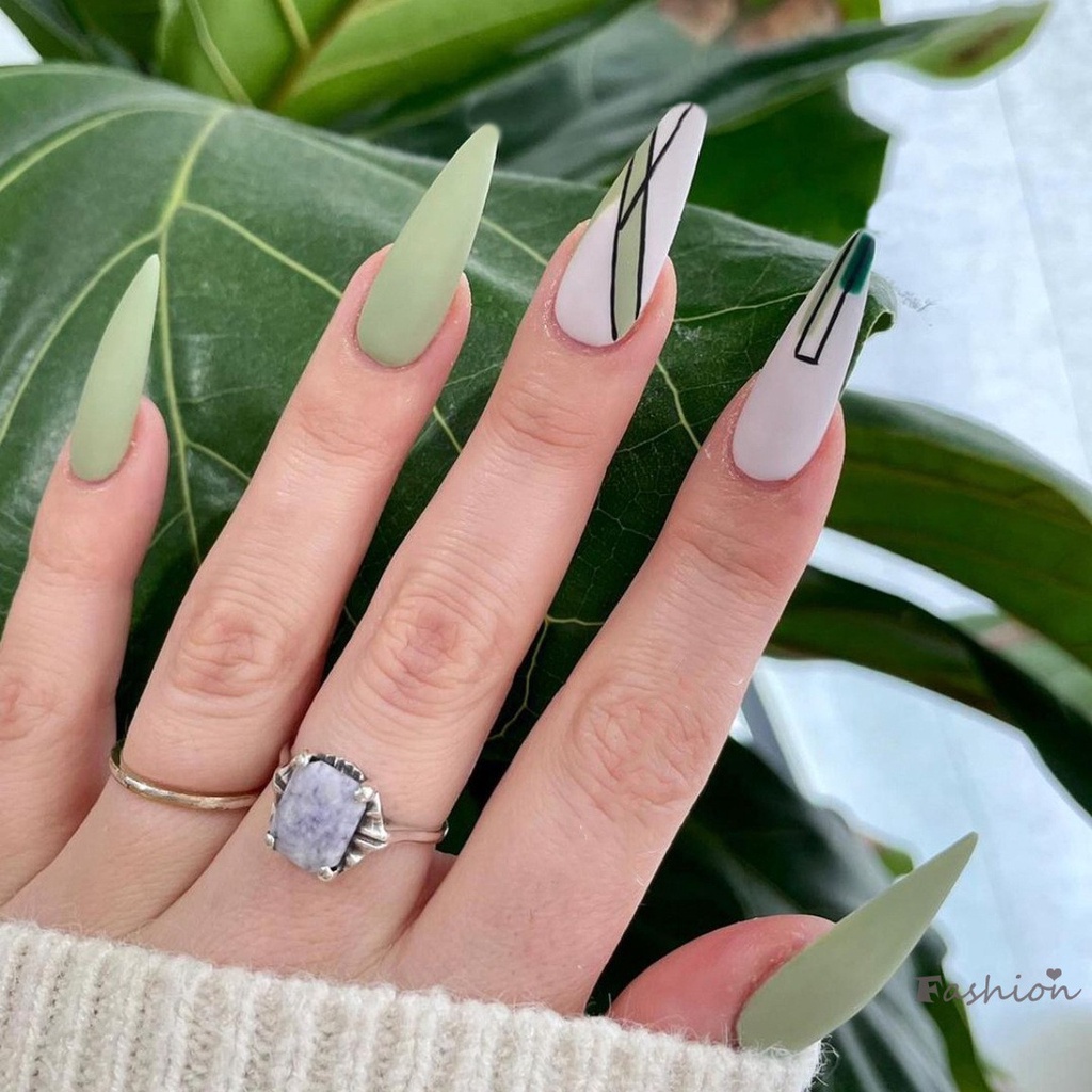 [Hàng mới về] Set 24 Móng Tay Giả Màu Xanh Lá Thời Trang Dành Cho Nữ