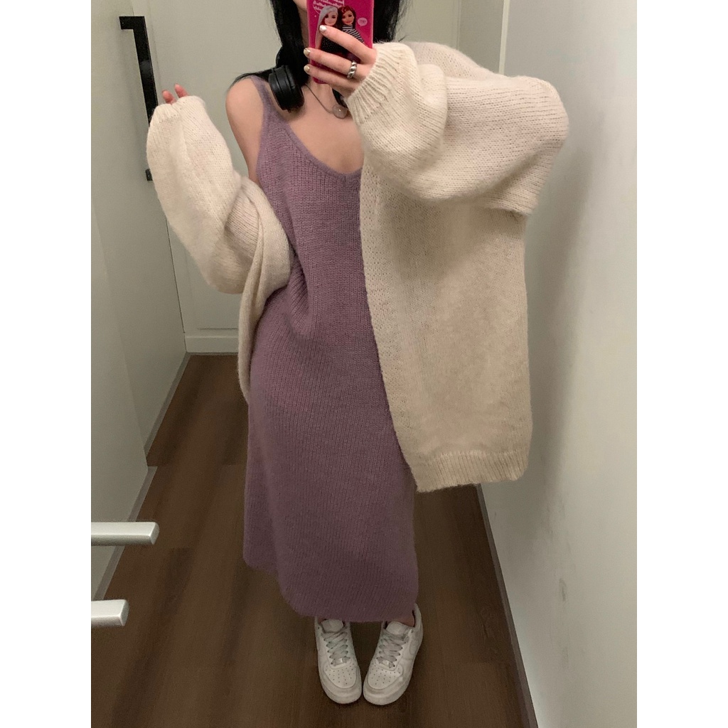 「MOTEL7」Đầm Dệt Kim Hai Dây Màu Tím + Áo Khoác Sweater Dệt Kim Dáng Rộng Mỏng Tay Dài Dây Mỏng Dễ Phối Đồ