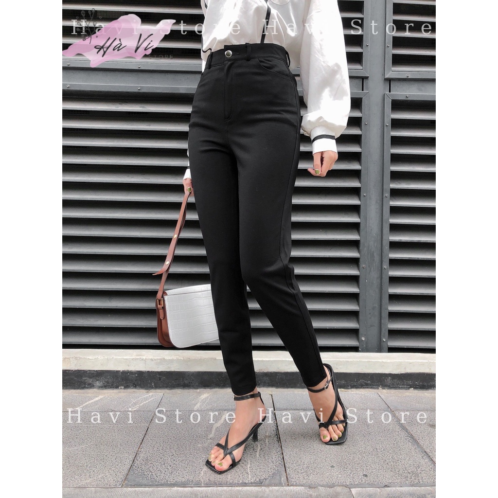 Quần tregging nữ lưng cạp cao dài dáng thun ôm bó legging skinny vải giữ nhiệt màu đen | BigBuy360 - bigbuy360.vn