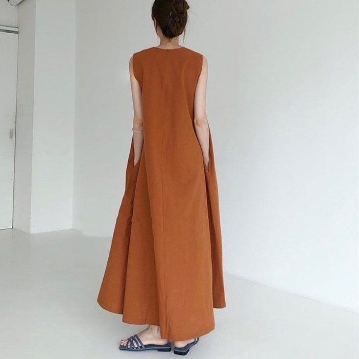 Đầm maxi sát nách cổ tròn màu trơn phong cách đơn giản 36717