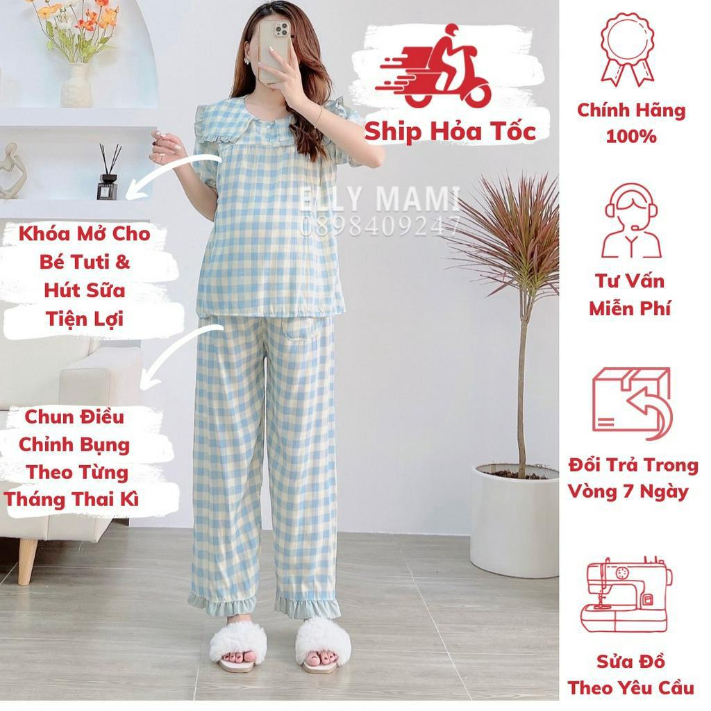 ( 40kg - 85kg ) Đồ Bộ Bầu Và Sau Sinh Nhiều Màu Đũi Hàn Cổ Bèo Caro Ngắn Tay , Quần Dài Form Dễ Mặc , Siêu Mát Nhẹ Tênh