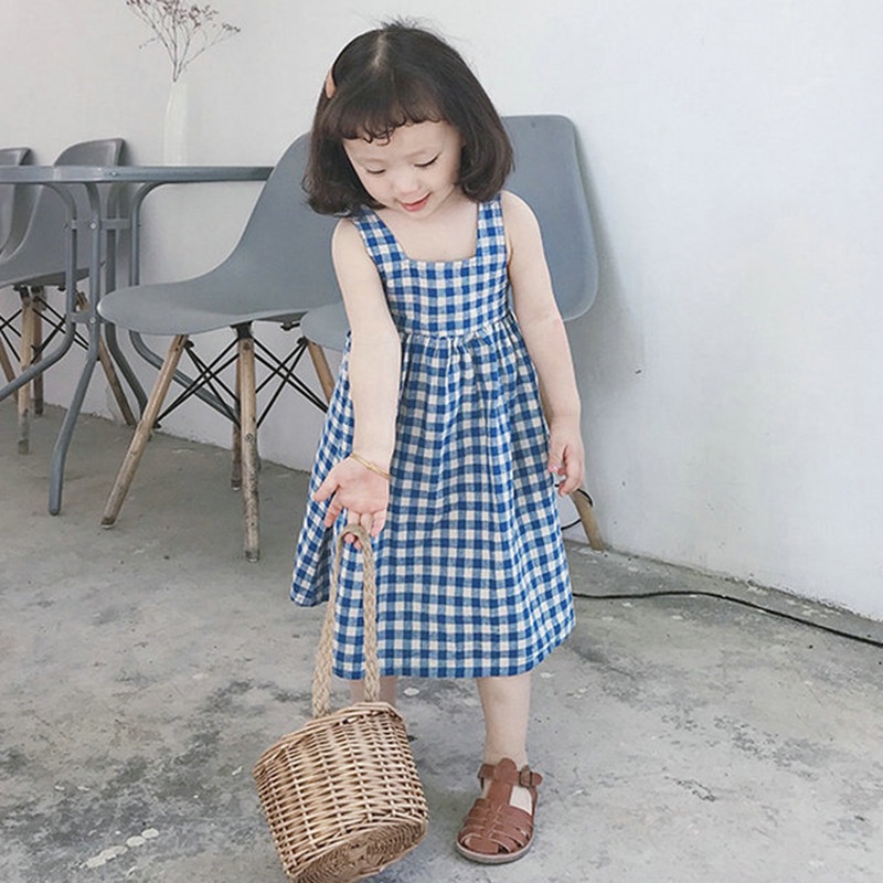 Đầm hai dây dáng rộng họa tiết kẻ sọc thời trang mùa hè Hàn Quốc sành điệu cho bé gái