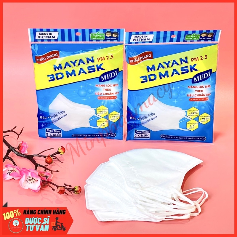 Khẩu Trang MAYAN 3D Mask PM 2.5 MEDI màu trắng (túi 5 cái) - Minpharmacy