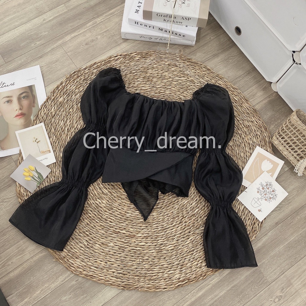 Áo cổ vuông tay phồng thắt nơ sau dáng Croptop- cherry dream