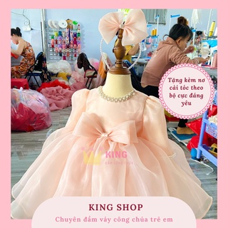 Váy công chúa tay lửng kết cườm cho bé gái váy bé nữ cổ váy đính đá nơ lưng to tặng kèm nơ cài tóc