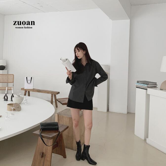 Áo sơ mi SUXI tay dài màu trơn đơn giản phong cách Hàn Quốc cho nữ