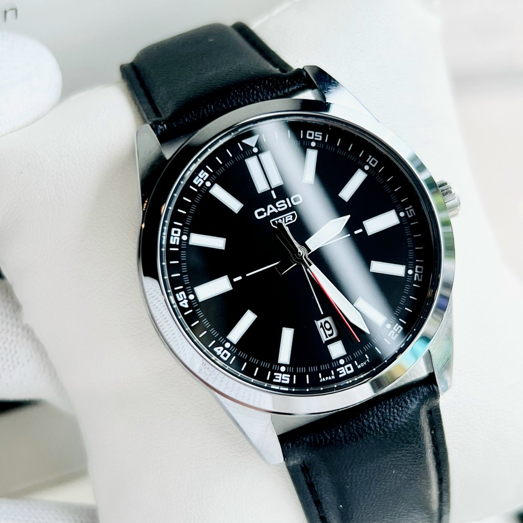 Đồng hồ Nam dây da Casio MTP VD02L-1E Mặt đen dạ quang chống nước 50M Bảo hành 1 năm Hyma watch