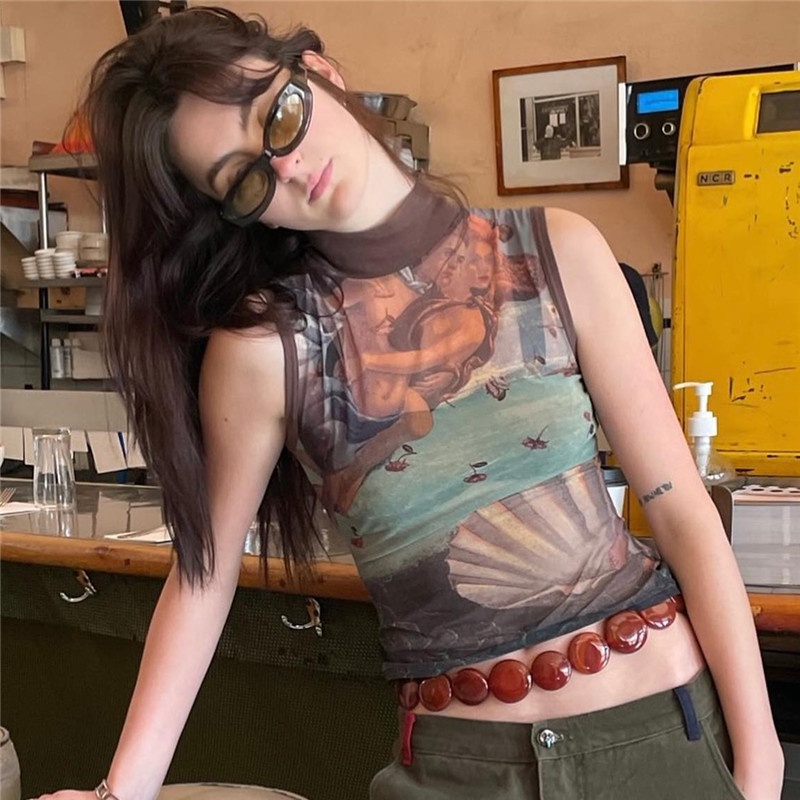 Áo Tank Top Cổ Tròn In Họa Tiết Nghệ Thuật Phong Cách Đường Phố Cho Nữ