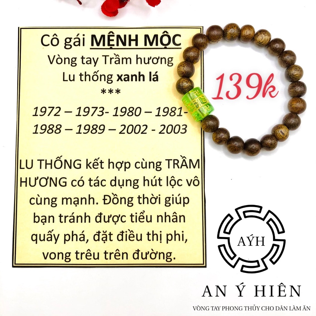 Vòng Trầm hương Lu thống Xanh lá- Dành Cho người mệnh Mộc