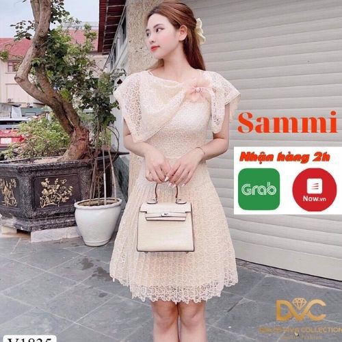 váy thiết kế phối ren cao cấp, váy dự tiệc màu kem , sammi shop