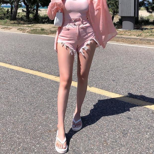 Bán Chạy!F &amp; X Quần Short Denim Dáng Chữ A Lưng Cao Màu Hồng Cá Tính Phong Cách Mùa Hè Size Lớn mm