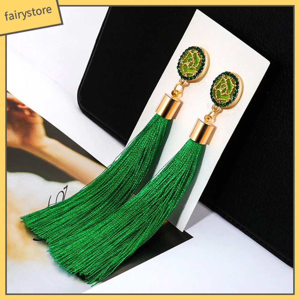 Khuyên Tai Dáng Dài Hình Hoa Hồng Phối Tua Rua Phong Cách Dân Tộc