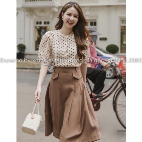 Chân váy xòe midi túi nắp màu đen nâu thời trang Banamo Fashion 5322 váy xòe dáng dài công sở