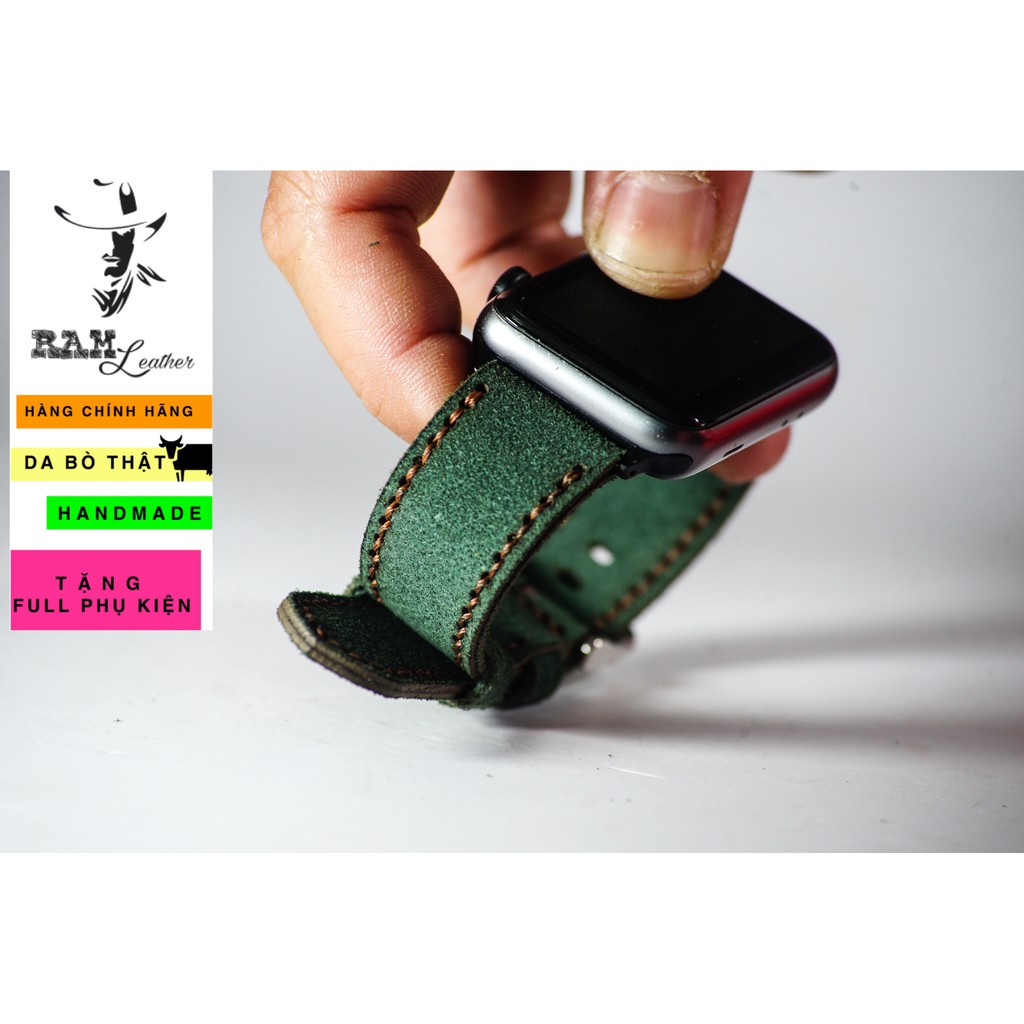 Dây đồng hồ da bò lộn màu xanh lục hamdmade RAM Leather 1962 - tặng khóa chốt và cây thay dây