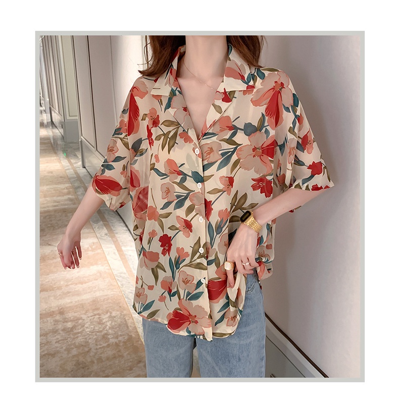 Áo sơ mi chiffon tay ngắn in họa tiết phong cách Hàn Quốc thờI trang cho nữ