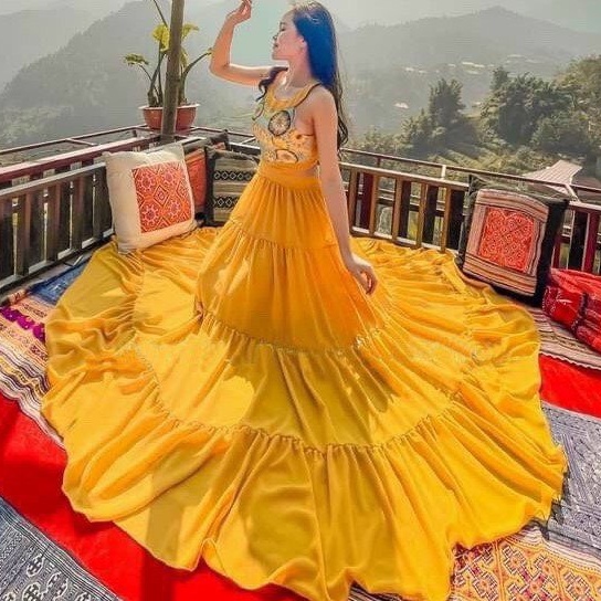 (Sẵn) Váy maxi cổ yếm hở lưng tiểu thư, Đầm maxi dáng dài hoa mặt trời đi biển, chụp hình cưới SAVVY Dress KSVD02000 | BigBuy360 - bigbuy360.vn