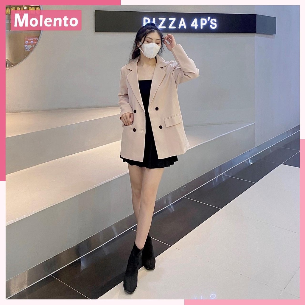 Áo Khoác Blazer Vest Nữ 2 Lớp 4 Khuy Túi Nắp Cao Cấp Phong Cách Hàn Quốc Vải Tuyết Mưa Dầy Dặn Đứng Dáng MOLENTO M76