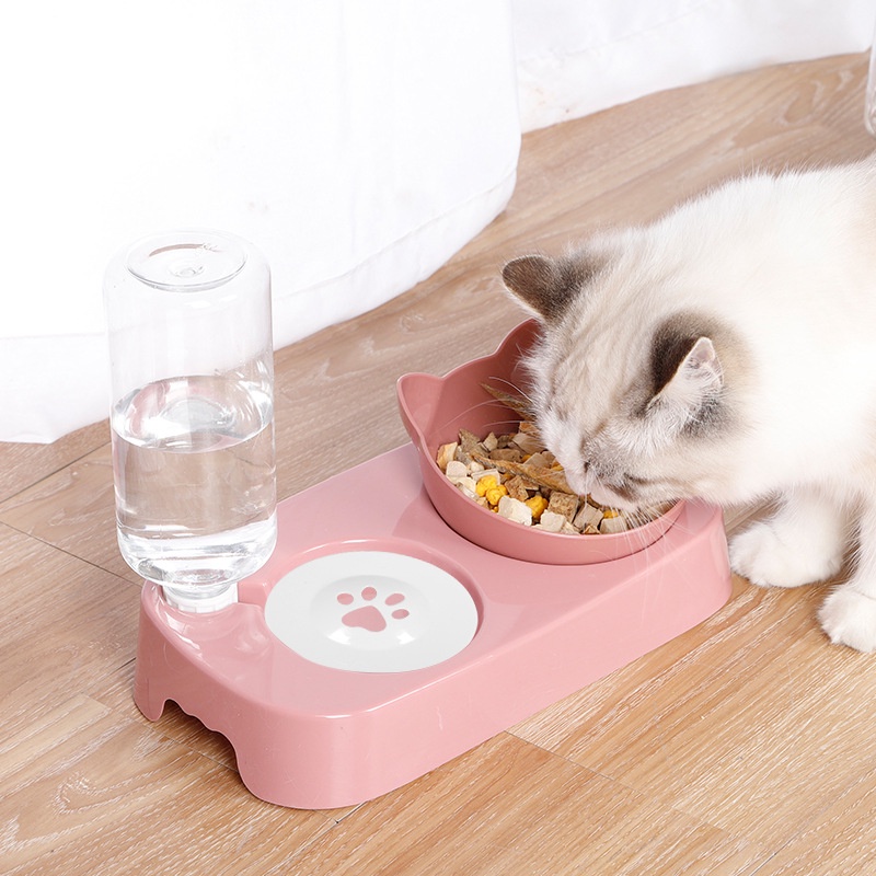 Bát ăn nghiêng kết hợp bình uống nước tự động cho chó mèo - Chống gù lưng cho boss