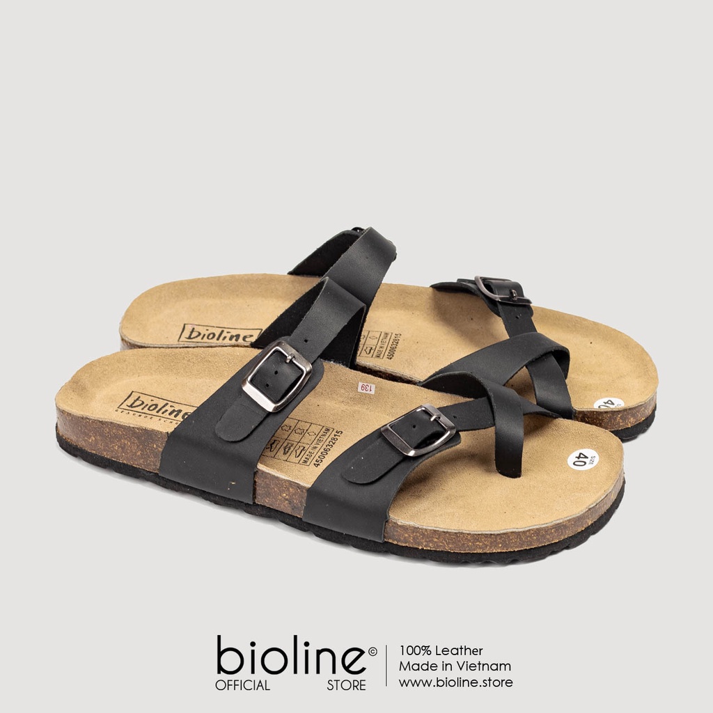 [DA BÒ THẬT] D06-Dép da bò xỏ ngón, quai chéo Birken Bioline Unisex (Đế trấu)