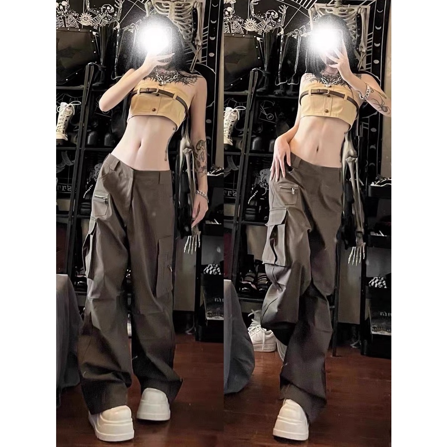 Quần kaki hiphop ống rộng cạp trễ nhiều túi phong cách đường phố