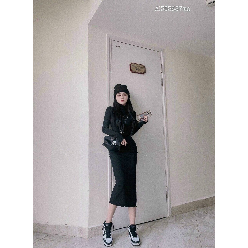 Đầm cổ lọ dáng dài ôm tay dài len gân mùa đông tết đến basic NU80