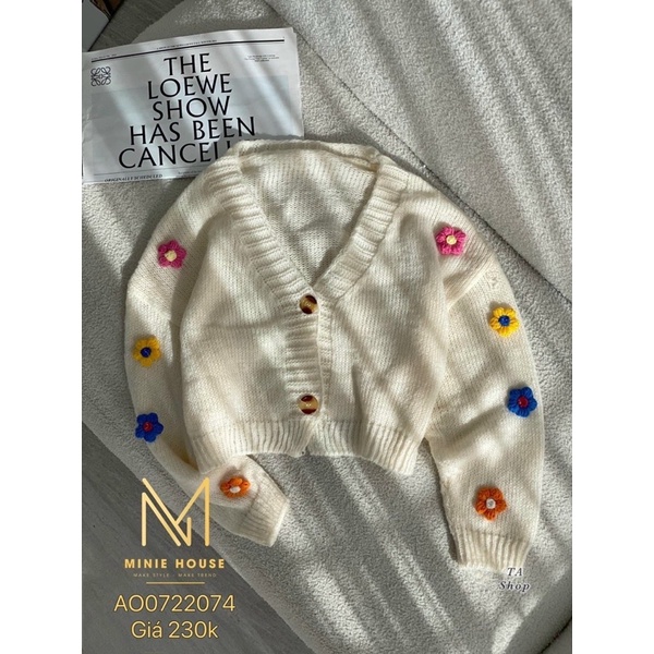 Áo khoác len nữ cadigan bông hoa nổi, hai màu đỏ trắng mới về