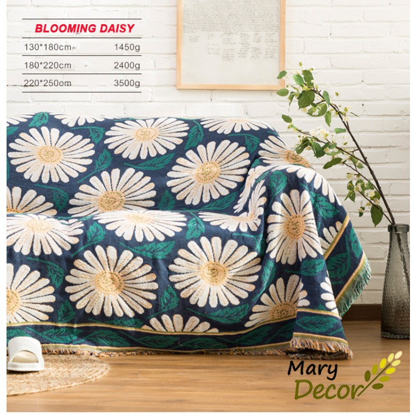 (1.8*2.3m&amp;2.3*2.75m) Khăn phủ ghế sofa vintage nhẹ nhàng tươi sáng Hoa cúc trắng - Blooming Daisy PS05