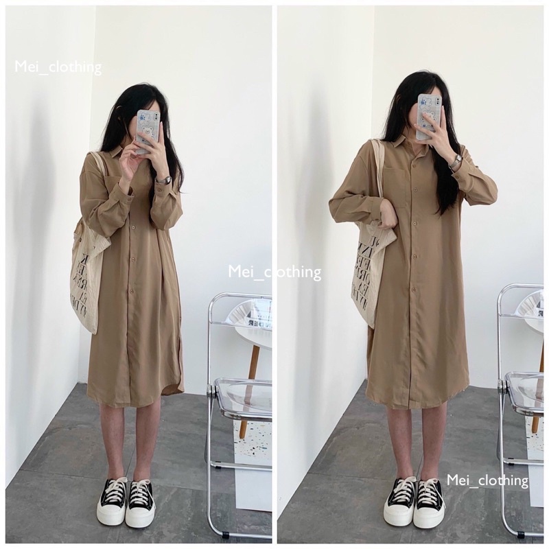 [Ảnh thật/video] váy sơmi lụa Hàn Quốc dáng dài qua gối