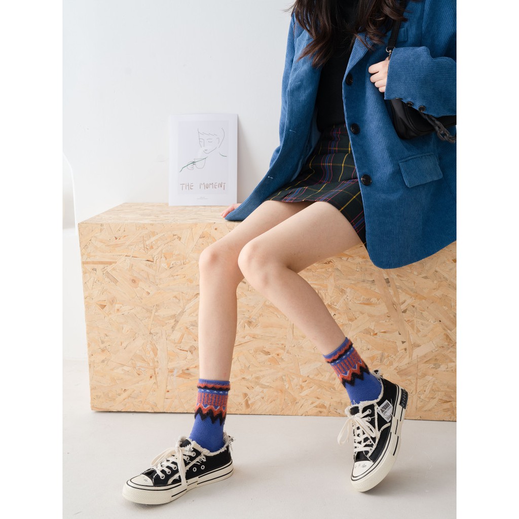 Vớ len cao cổ viền sóng, tất ulzzang chất len họa tiết sóng NEKO