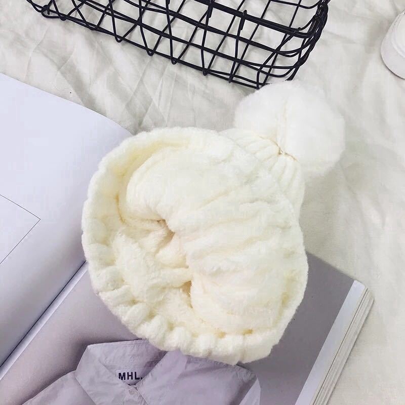 Simple, solid color woolen hat with rabbit ball, candy color, warm Japanese fashion style