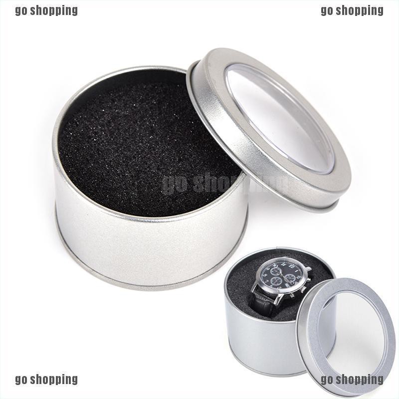 {go shopping}Silver Round Metal Jewelry Watch Box Display Case Watch Box Holder 6.5*4cm