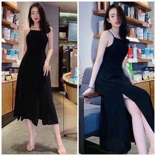 Đầm váy freesize đen 2 dây xẻ tà