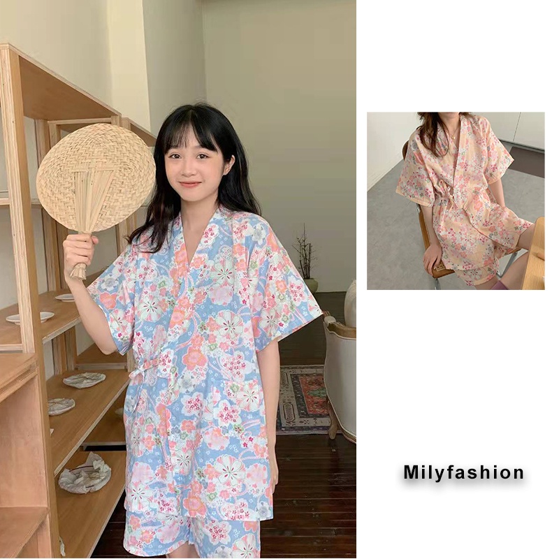 Bộ đồ mặc nhà kiểu Kimono Nhật Bản in hoa dễ thương