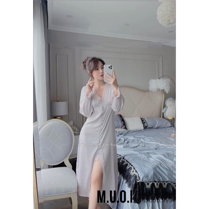 Váy ngủ lụa phối ren bèo tiểu thư tay dài phối cúc bọc xinh MIEMMOC chuẩn hàng QCCC - hàng có sẵn ( video+ảnh thật)