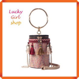 [SIÊU SANG CHẢNH] Túi cói tròn trụ gắn tua rua, quai xách kim loại kèm dây đeo dài - Lucky Girl shop NHA TRANG