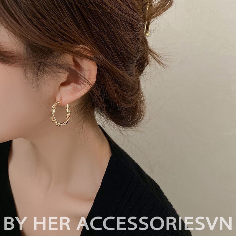 Bông tai tròn basic vặn thừng, Khuyên tai tròn chuôi bạc 925 Her Accessories H88