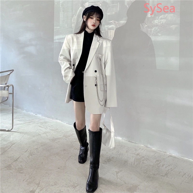 Áo Khoác Blazer Phối Dây Xích Thời Trang Mùa Thu Phong Cách Hàn Quốc Cho Nữ